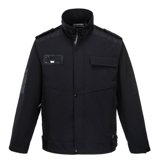 A black softshell jacket with pockets and a collar, featuring a logo.
