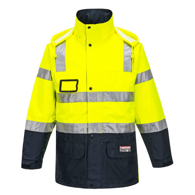A bright yellow rain jacket with reflective stripes and navy blue sleeves, featuring a logo on the front.