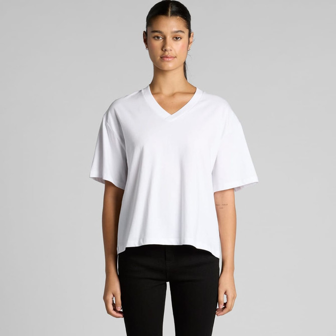 A white V-neck t-shirt with short sleeves, featuring a relaxed fit and a brand logo.