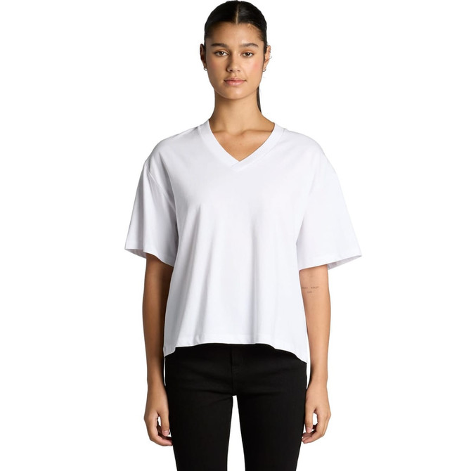 A white V-neck T-shirt with short sleeves and a loose fit, featuring a branding logo.