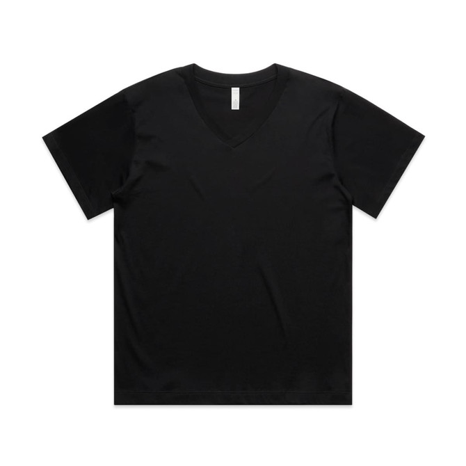 A black V-neck T-shirt with short sleeves and a simple design. The shirt has a label but no visible logos.