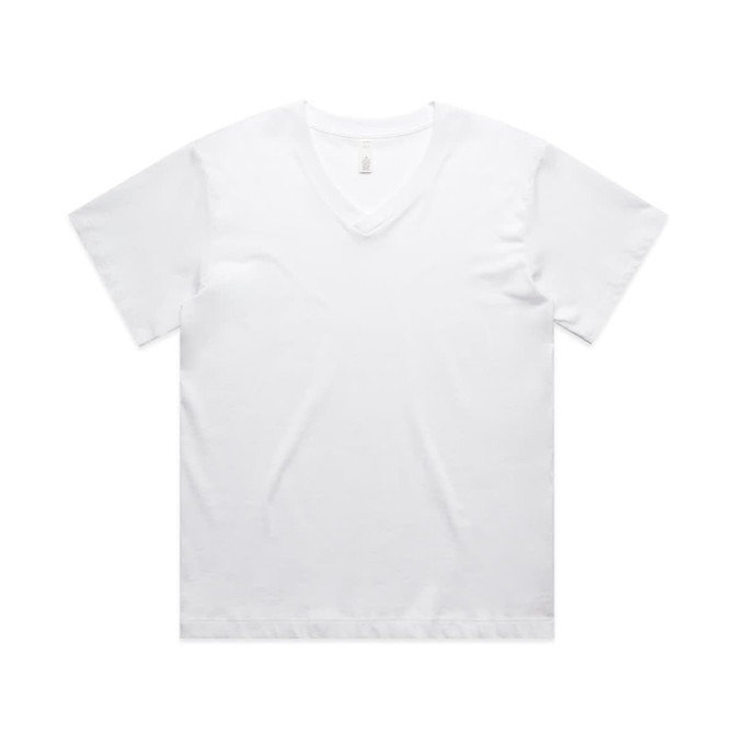 A white V-neck T-shirt featuring short sleeves and a simple design, with a logo on the label.