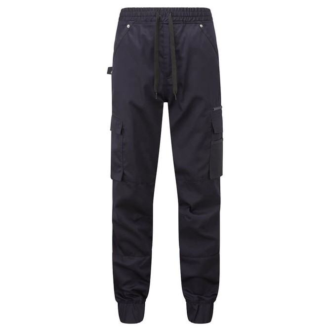 Lightweight drawstring pants in navy blue, featuring side pockets and a logo on the waistband.