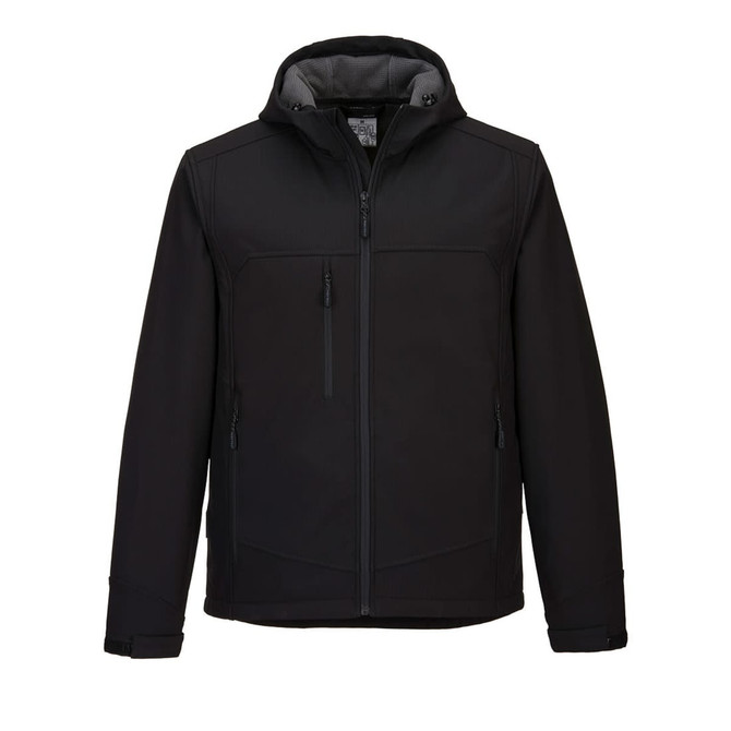 A hooded softshell jacket in black, featuring zippered pockets and a branded logo.