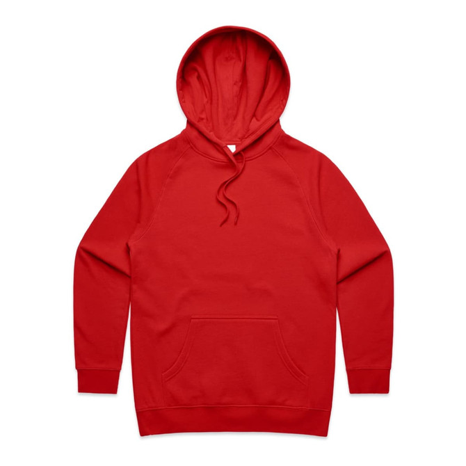 A red hoodie featuring a spacious front pocket and a drawstring hood. It has a logo on the front.