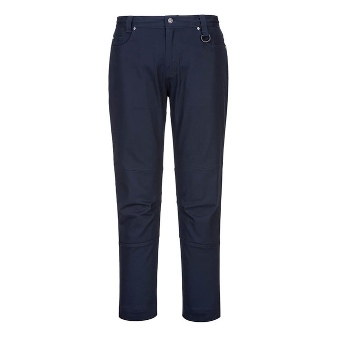 A pair of ladies' slim fit work pants in navy blue with a logo on the waistband.