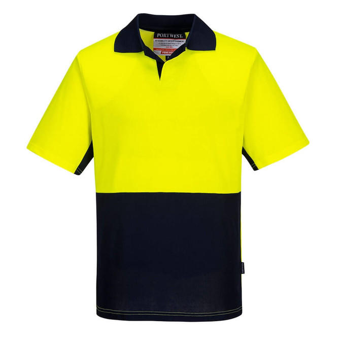 A vibrant high-visibility yellow and navy polo shirt with a collar and short sleeves, featuring a logo.
