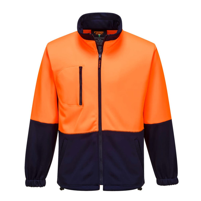 A fleece jumper featuring a high-visibility orange body with navy sleeves, complete with a front pocket and a logo.