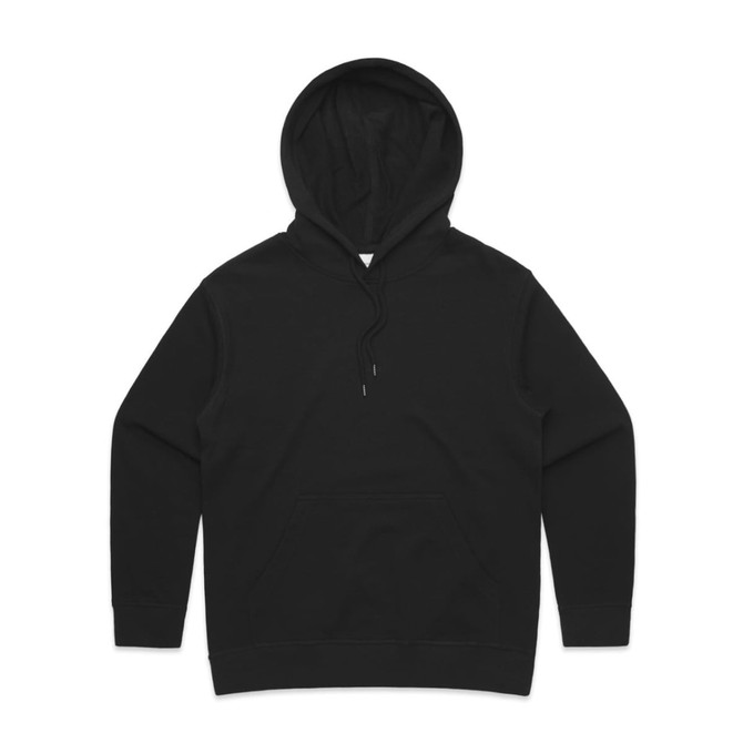 A black hoodie featuring a kangaroo pocket and a drawstring hood. It has a logo on the front.