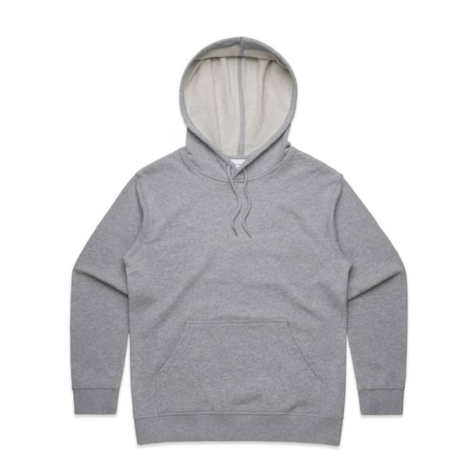 A grey hoodie with a lined hood and front pocket, featuring a logo.