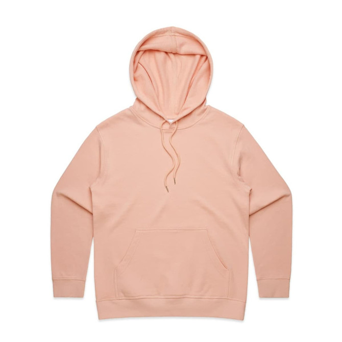 A peach-coloured hoodie with a front pocket, adjustable hood, and a logo. Soft, casual design.