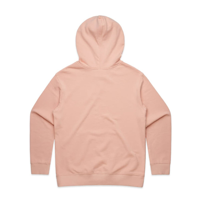 A pink hoodie featuring a hood and long sleeves, with a plain back design. The item has a logo.