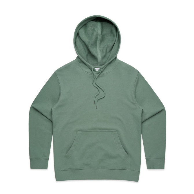 A green hooded jumper with a front pocket and drawstring hood. It features a simple design and has a logo.