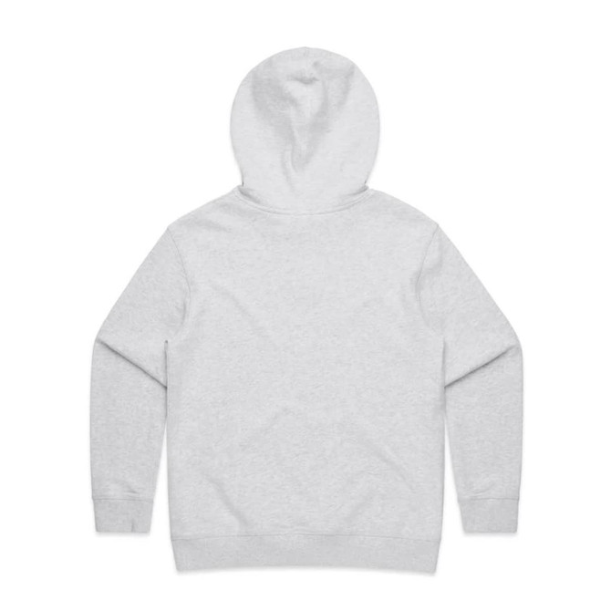 A grey hoodie with a kangaroo pocket and a hood, featuring a branding logo on the back.
