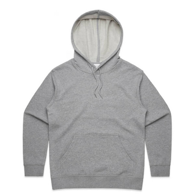 A grey hoodie featuring a spacious front pocket and a drawstring hood. It also has an inner lining.
