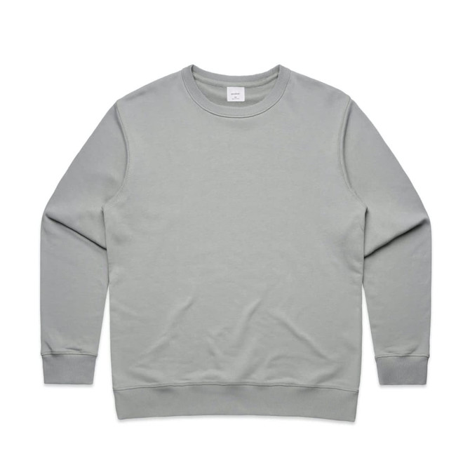 A light grey crew jumper with a round neckline and long sleeves. It features a logo on the garment.