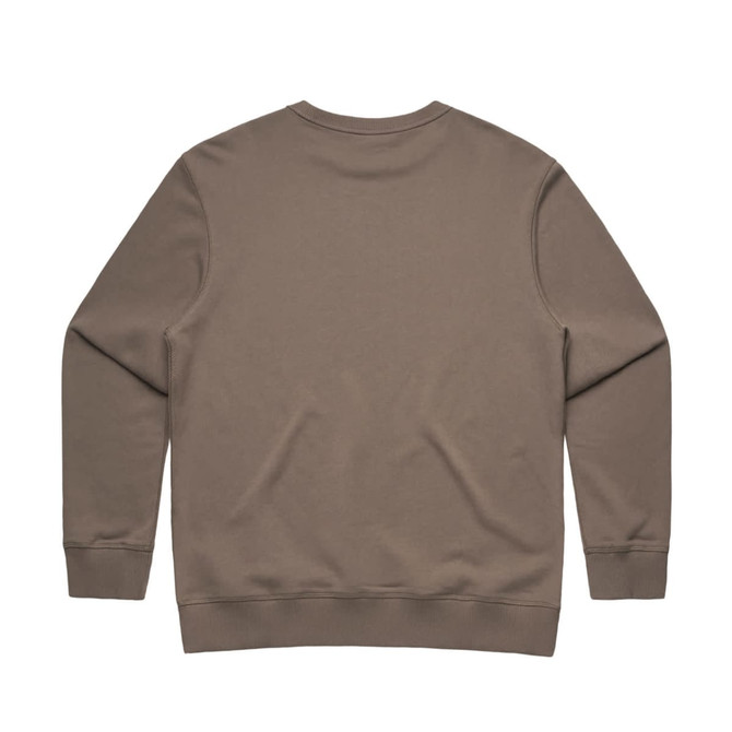 A khaki crew jumper featuring a simple design and a logo. The back is smooth with no additional details.