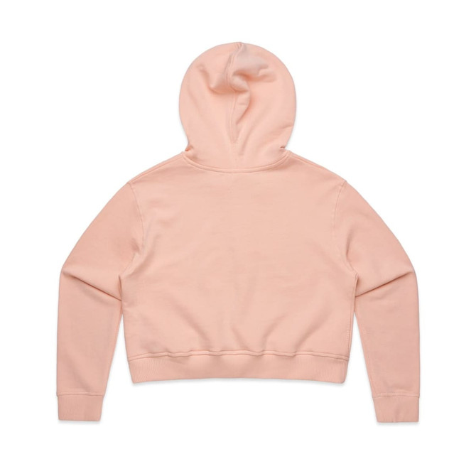 A pink cropped hoodie with a hood and long sleeves, featuring a plain design and a small logo detail.