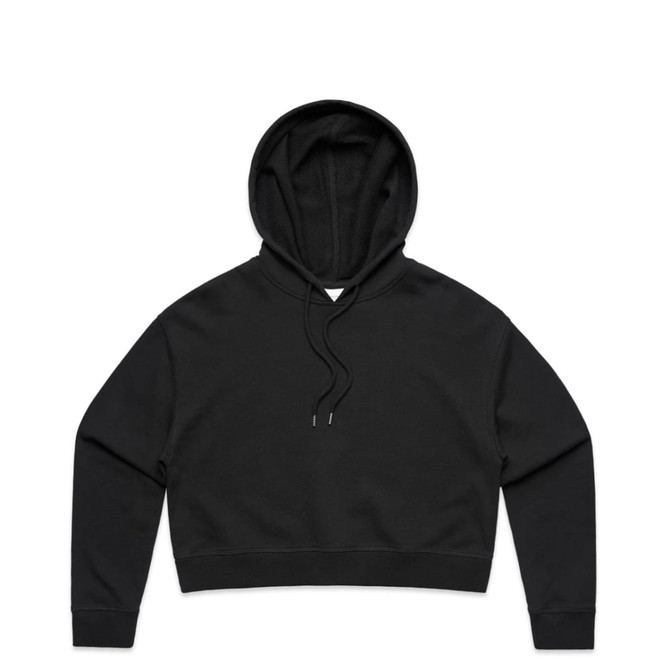 A black cropped hoodie featuring a drawstring hood and long sleeves, with a branded logo.