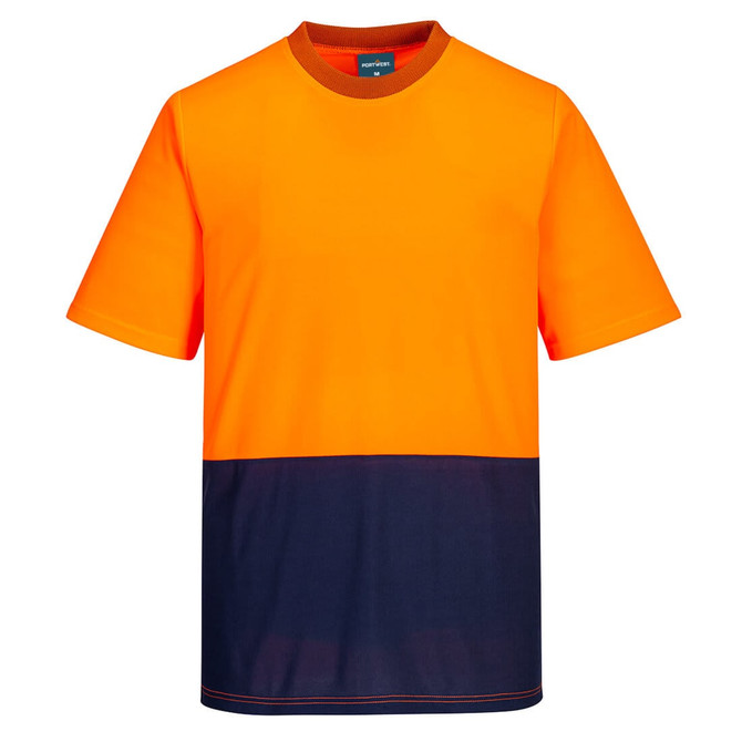 A two-tone short-sleeve t-shirt featuring a vibrant orange upper and navy blue lower section. It has a branding logo.