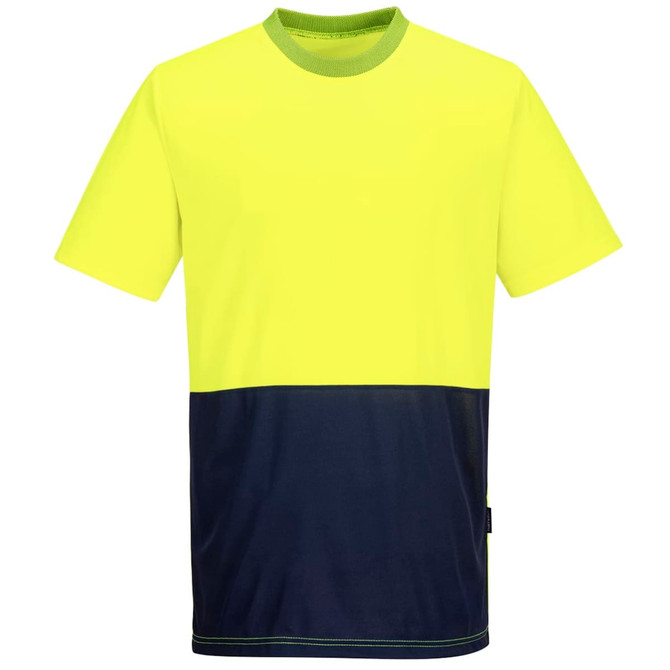 A two-tone short-sleeve t-shirt in high visibility yellow and navy blue with a logo branding.