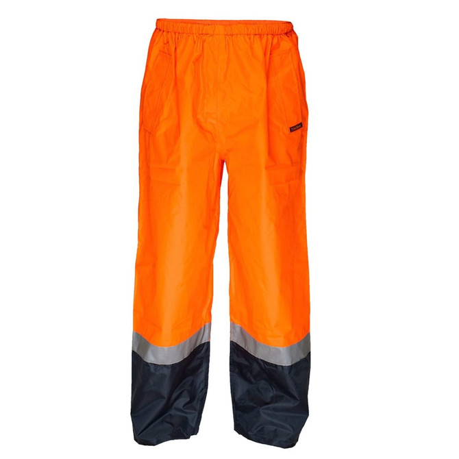 High-visibility wet weather pull-on pants in orange and black with reflective detailing and an elastic waistband.