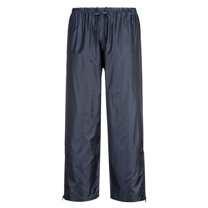 Water-resistant leisure pants in dark grey, featuring an elastic waistband and zippered cuffs, with a branded logo.