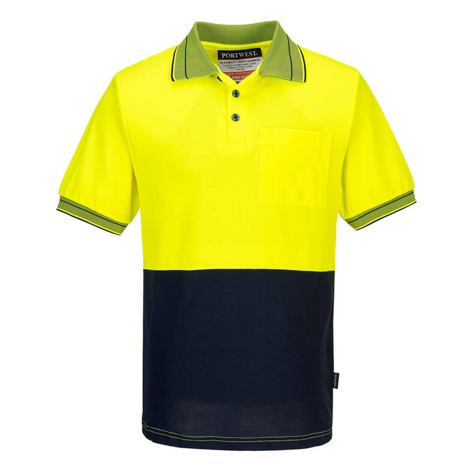 High-vis yellow and navy cotton-backed polo shirt with a collar, front pocket, and a logo.