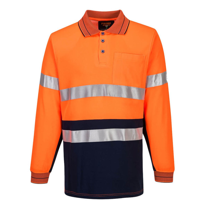 An orange and navy long-sleeve polo shirt featuring reflective stripes and a pocket. It has a logo on the chest.