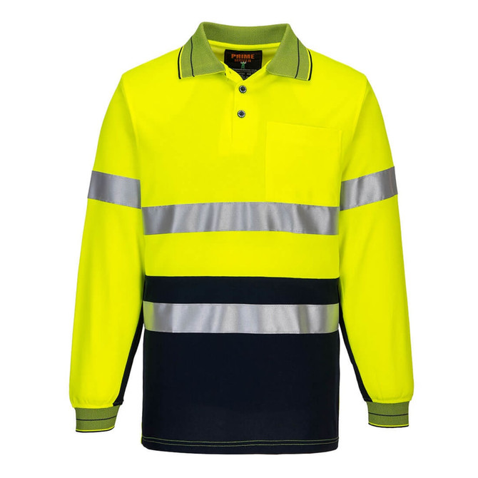 A high-visibility long-sleeve polo shirt in bright yellow with reflective stripes and a pocket. It features a branded logo.