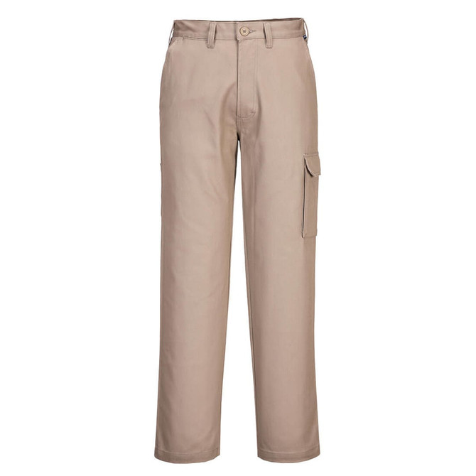 Beige cotton cargo pants with a side pocket and a waistband belt loop, featuring a logo on the waistband.