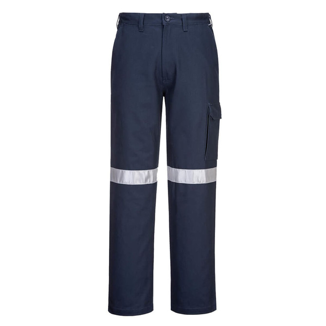 Navy cargo pants with reflective tape, featuring a side pocket and a logo.