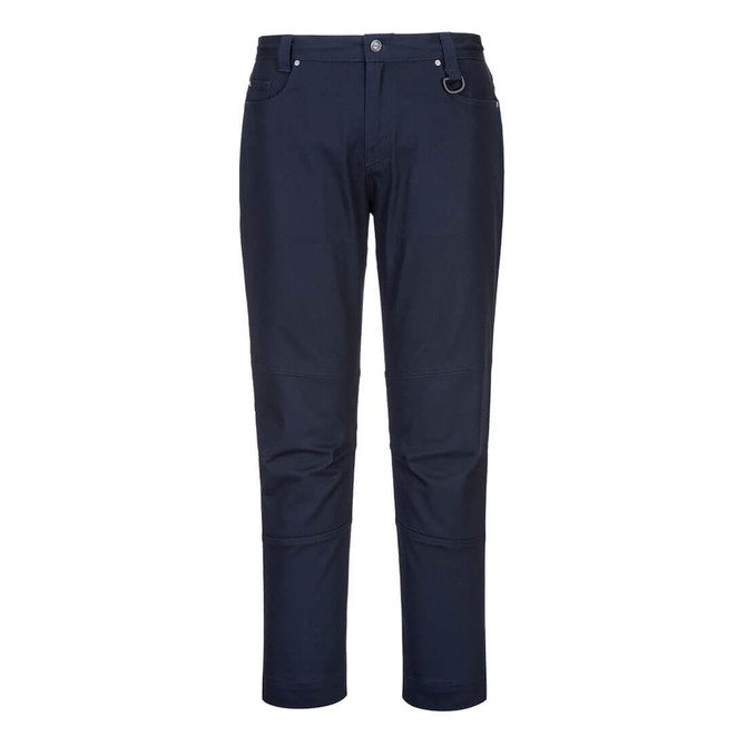 Slim fit work pants in navy blue, featuring a classic design and a logo on the waistband.