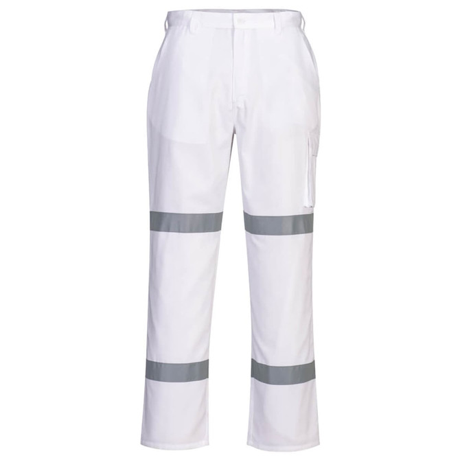 A pair of white cotton drill work pants with grey reflective stripes and a side pocket. The pants have a logo.