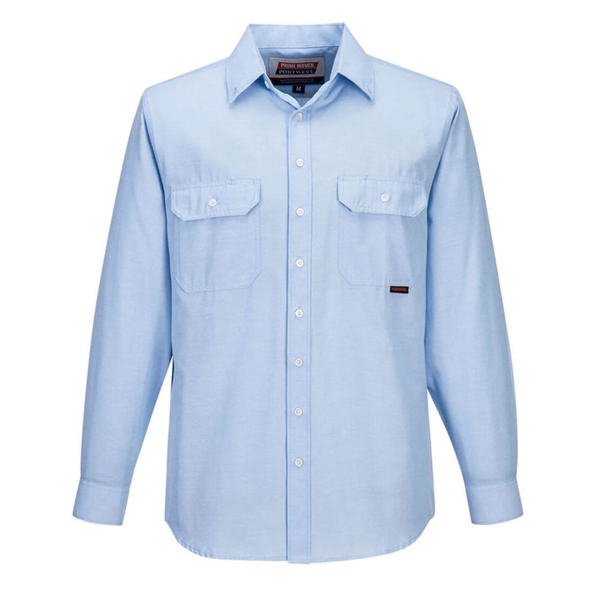A light blue long-sleeve chambray shirt with two chest pockets and a logo.