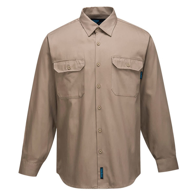 A beige long-sleeve button-up shirt featuring two chest pockets and a logo tag.