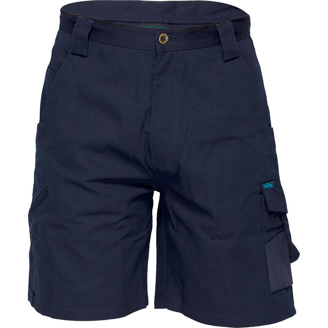 Apair of navy cargo shorts featuring multiple pockets and a waistband with a button closure. Includes branding.