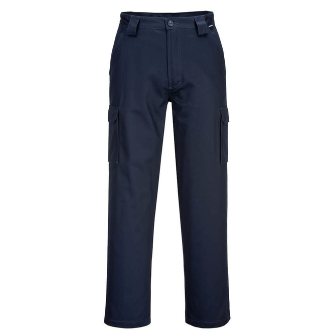 Lightweight cargo pants in navy blue with multiple pockets and a branded label on the waistband.