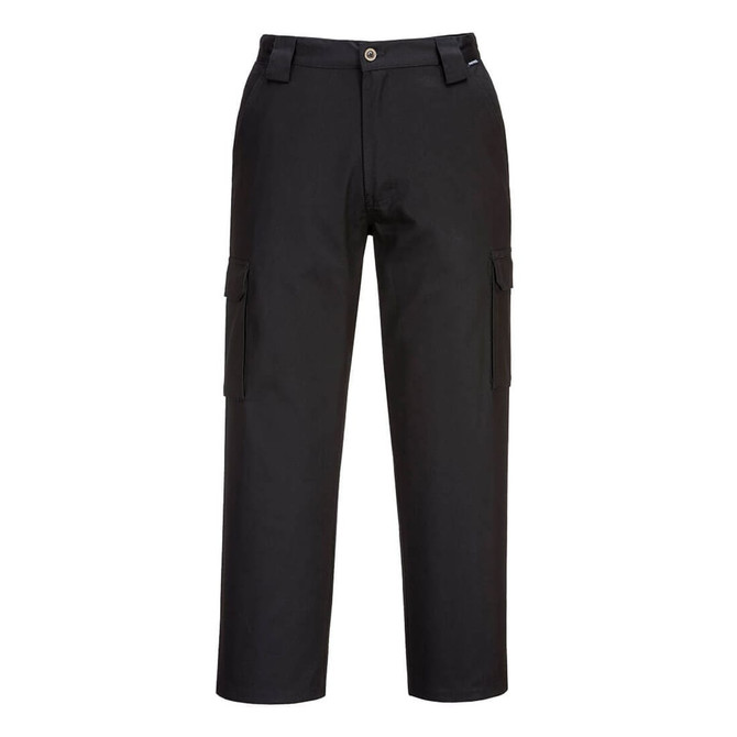 Lightweight cargo pants in black with side pockets and a button closure, featuring a logo on the waistband.
