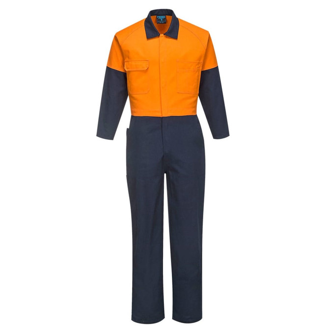 A cotton coverall in orange and navy blue, featuring long sleeves and multiple pockets. Includes a logo.