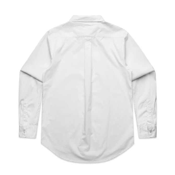 A white button-up shirt with long sleeves and a back pleat. The shirt features a collar and has a logo.