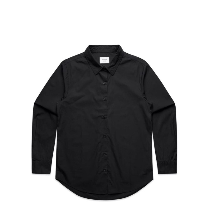 A black button-up shirt with a collar and long sleeves, featuring a logo at the neckline.