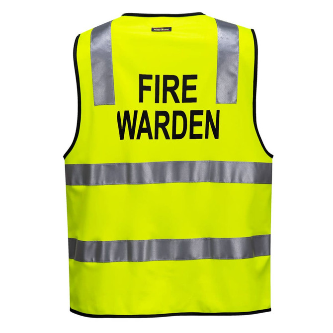 A fluorescent yellow vest with reflective strips and a logo, labelled "FIRE WARDEN" on the back.