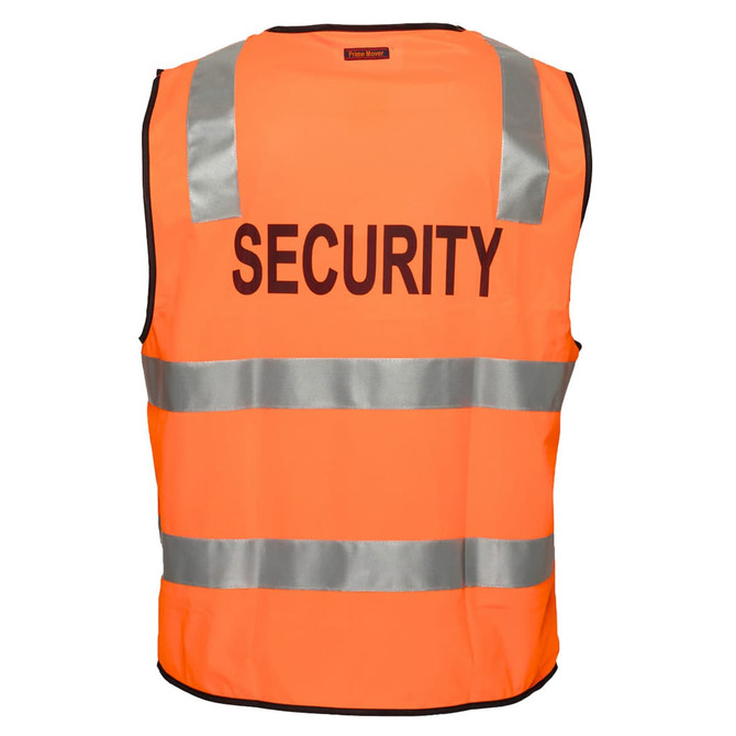 An orange security vest featuring reflective strips and a logo on the back.
