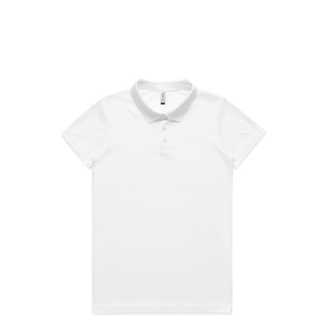 A white polo shirt with a collar and a logo, designed for active workwear.