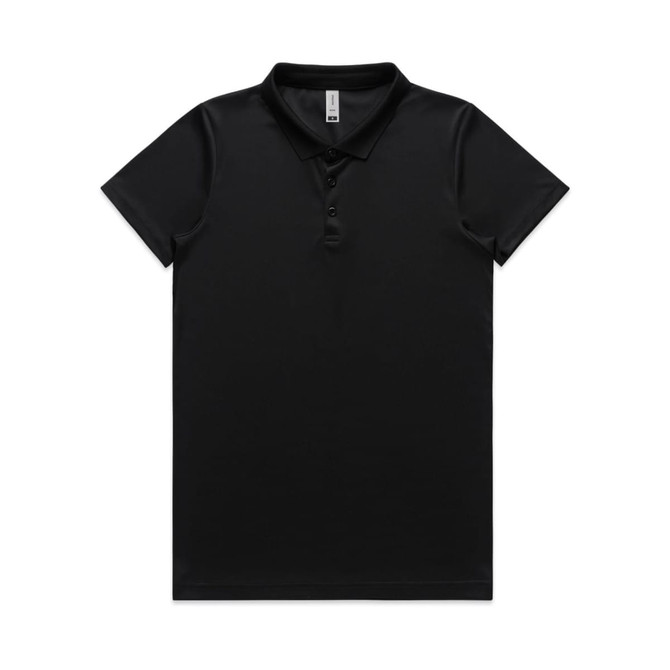 A black polo shirt with a collar, short sleeves, and a button placket. It features a logo on the chest.