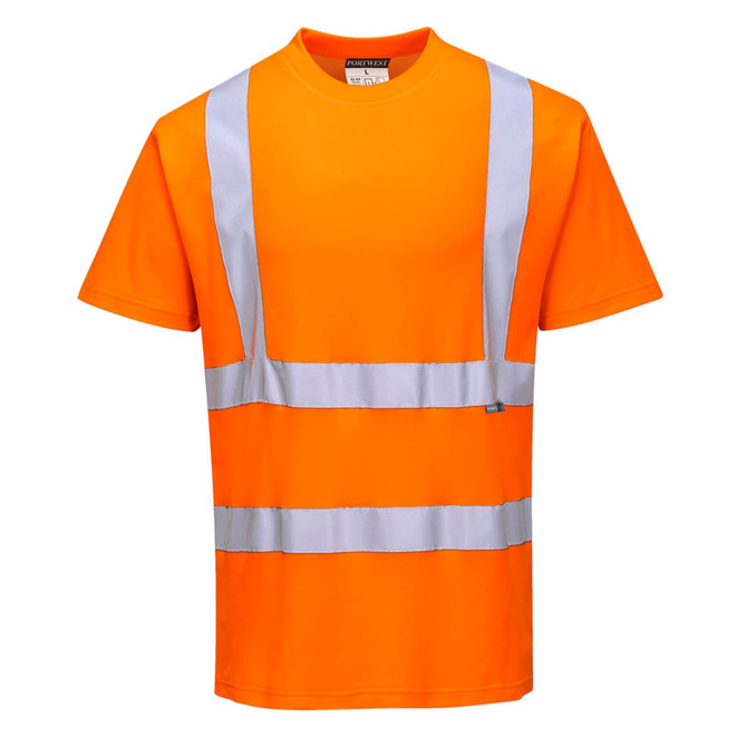 An orange short-sleeved T-shirt with reflective stripes and a logo.
