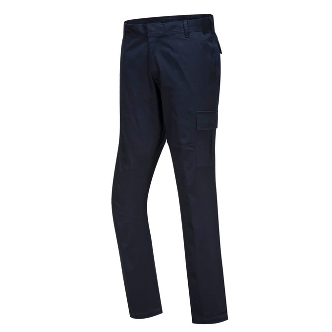 Navy WX2 Stretch Slim Fit Cargo Pants featuring side pockets and a logo.