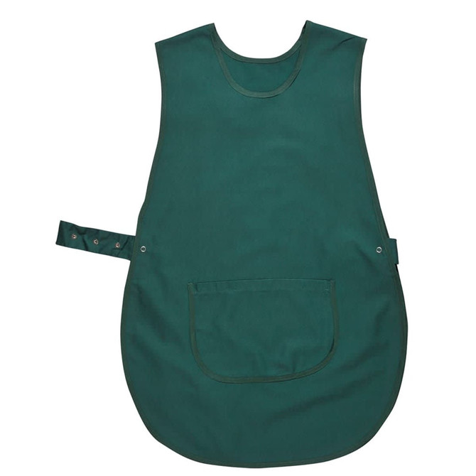 A green tabard with a large front pocket and adjustable fastening, designed for use in salons and spas.