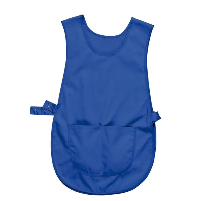 A blue tabard with a pocket, featuring adjustable straps and a smooth fabric finish. It has a simple, uniform design.